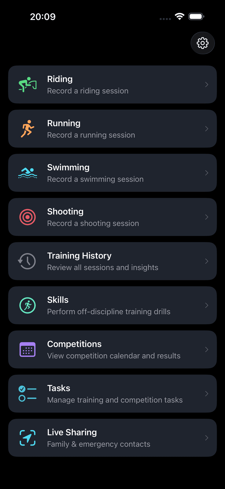 TetraTrack home screen showing riding, running, swimming, and shooting disciplines