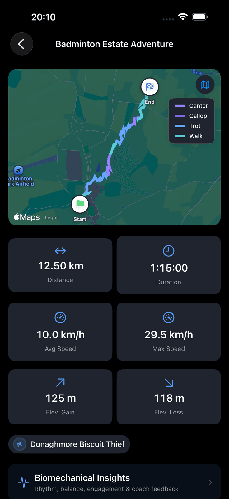 Ride detail with gait-coloured GPS map and session statistics