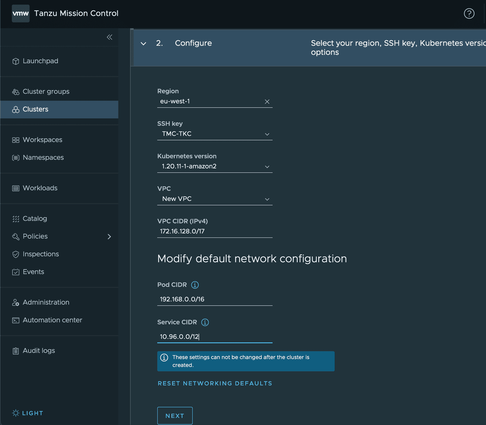 Tanzu Mission Control Cluster Configuration