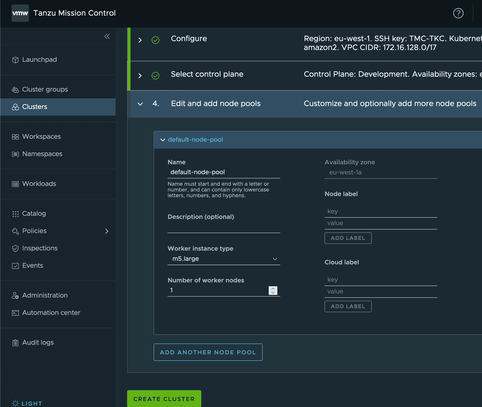 Tanzu Mission Control Cluster Node Pool