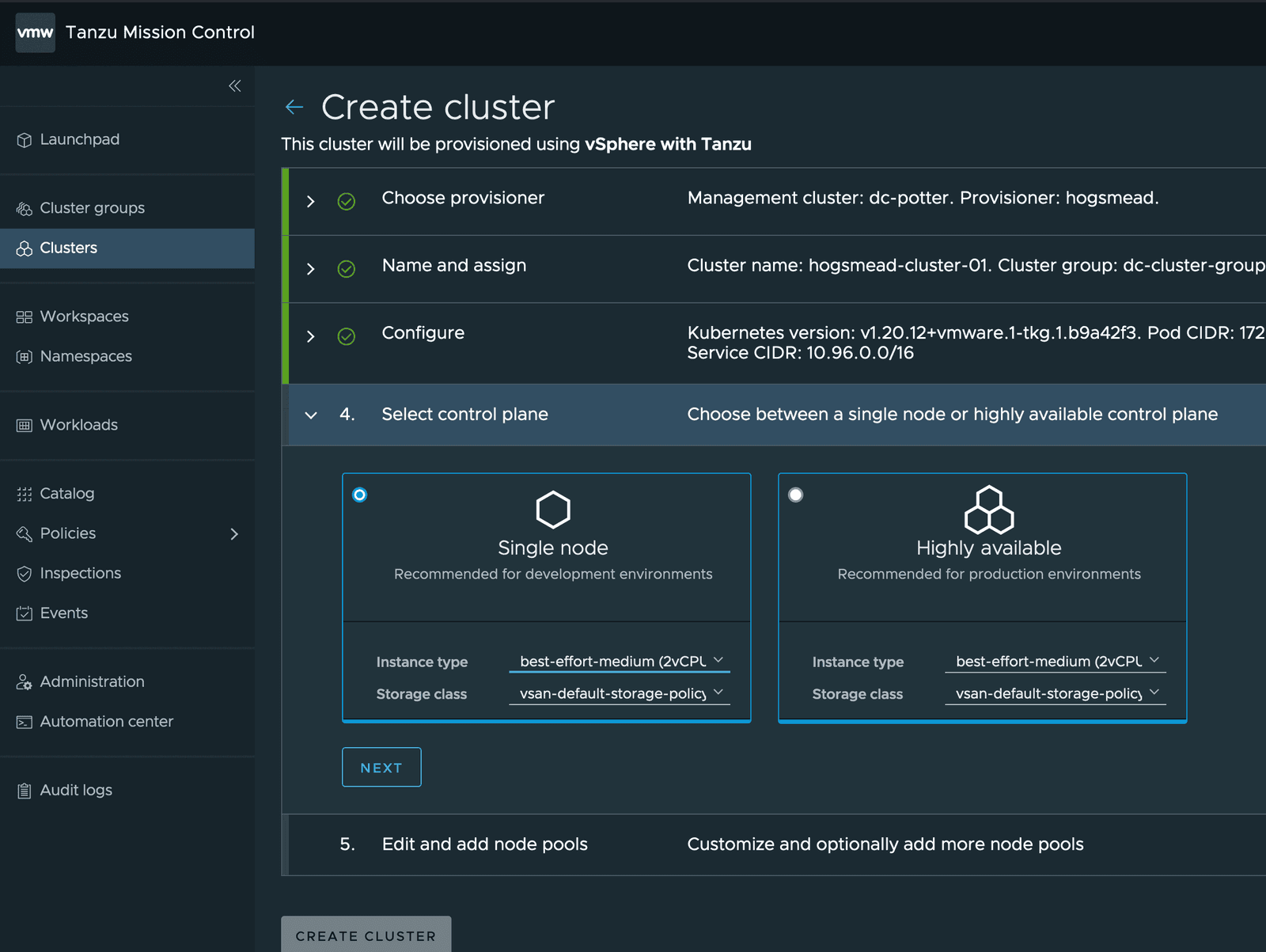 Tanzu Mission Control Cluster Provisioning VM Class