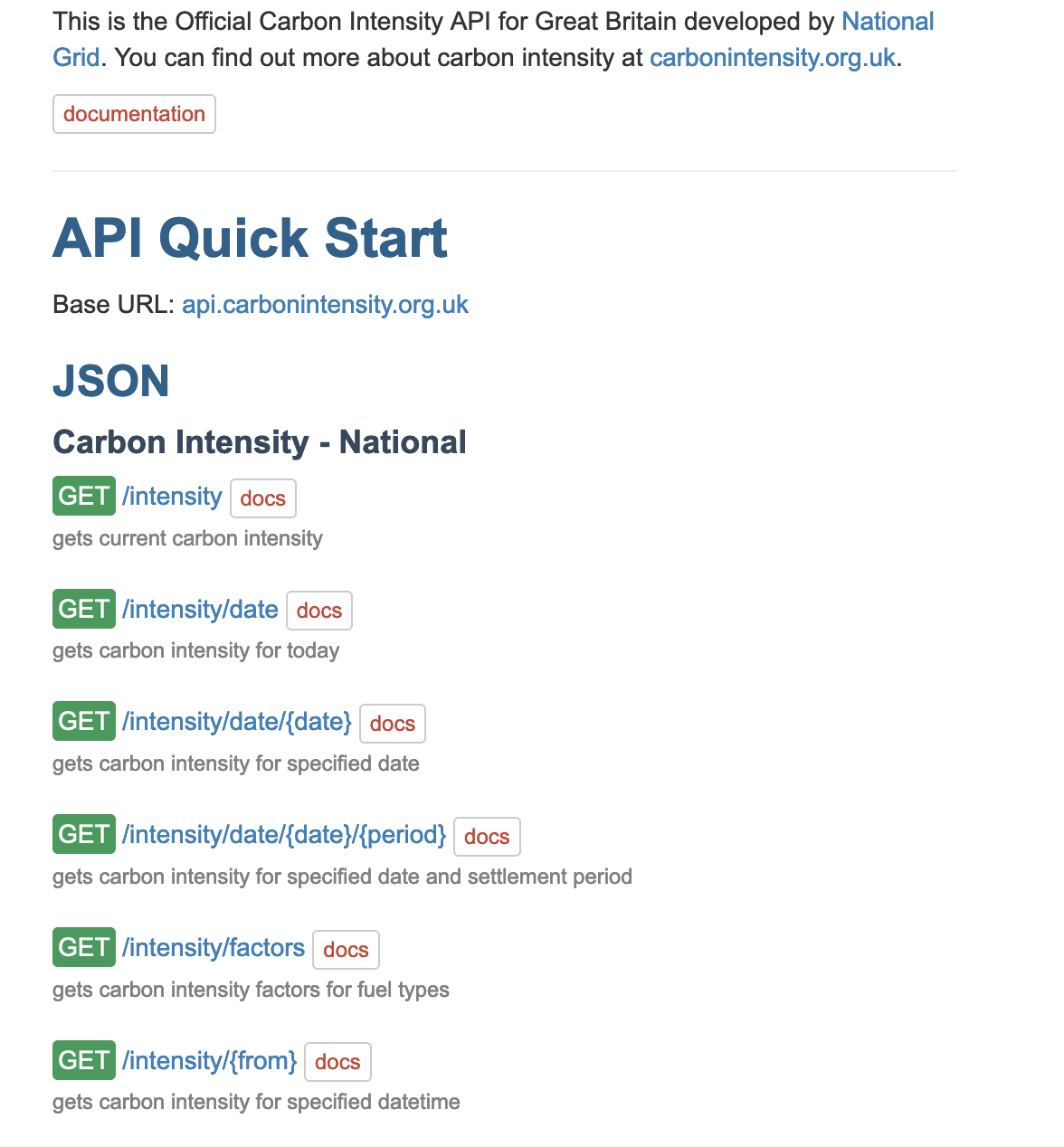 Carbon Intensity API response